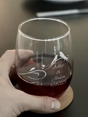 Personalized Engraved Stemless Wine, Whiskey, or Beer Glass Two Love Birds on Branch Custom Wedding Gift Mother’s Day Bridesmaid Anniversary
