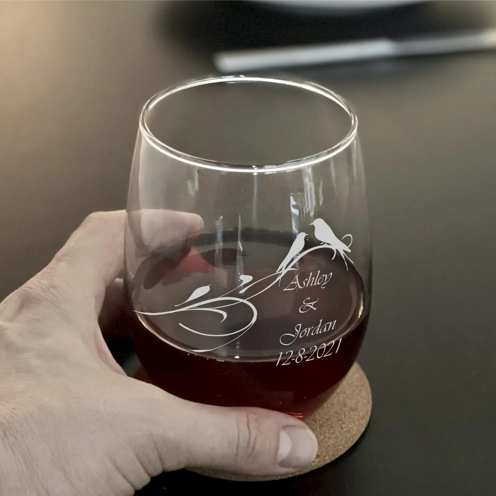 Personalized Engraved Stemless Wine, Whiskey, or Beer Glass Two Love Birds on Branch Custom Wedding Gift Mother’s Day Bridesmaid Anniversary