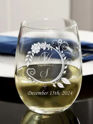 Personalized Floral Initials Engraved Stemless Wine Glass – Custom Wedding Gift, Mother’s Day, Bridesmaid, Anniversary Keepsake, Engagement