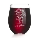 Personalized Engraved Gerbera Daisy Stemless Wine Glass–Elegant Floral Etched Gift for Her, Mom, Wife, Birthday, Mother’s Day, Custom Design