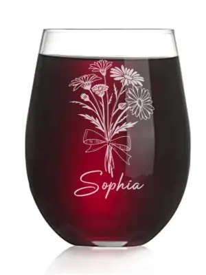 Personalized Engraved Gerbera Daisy Stemless Wine Glass–Elegant Floral Etched Gift for Her, Mom, Wife, Birthday, Mother’s Day, Custom Design