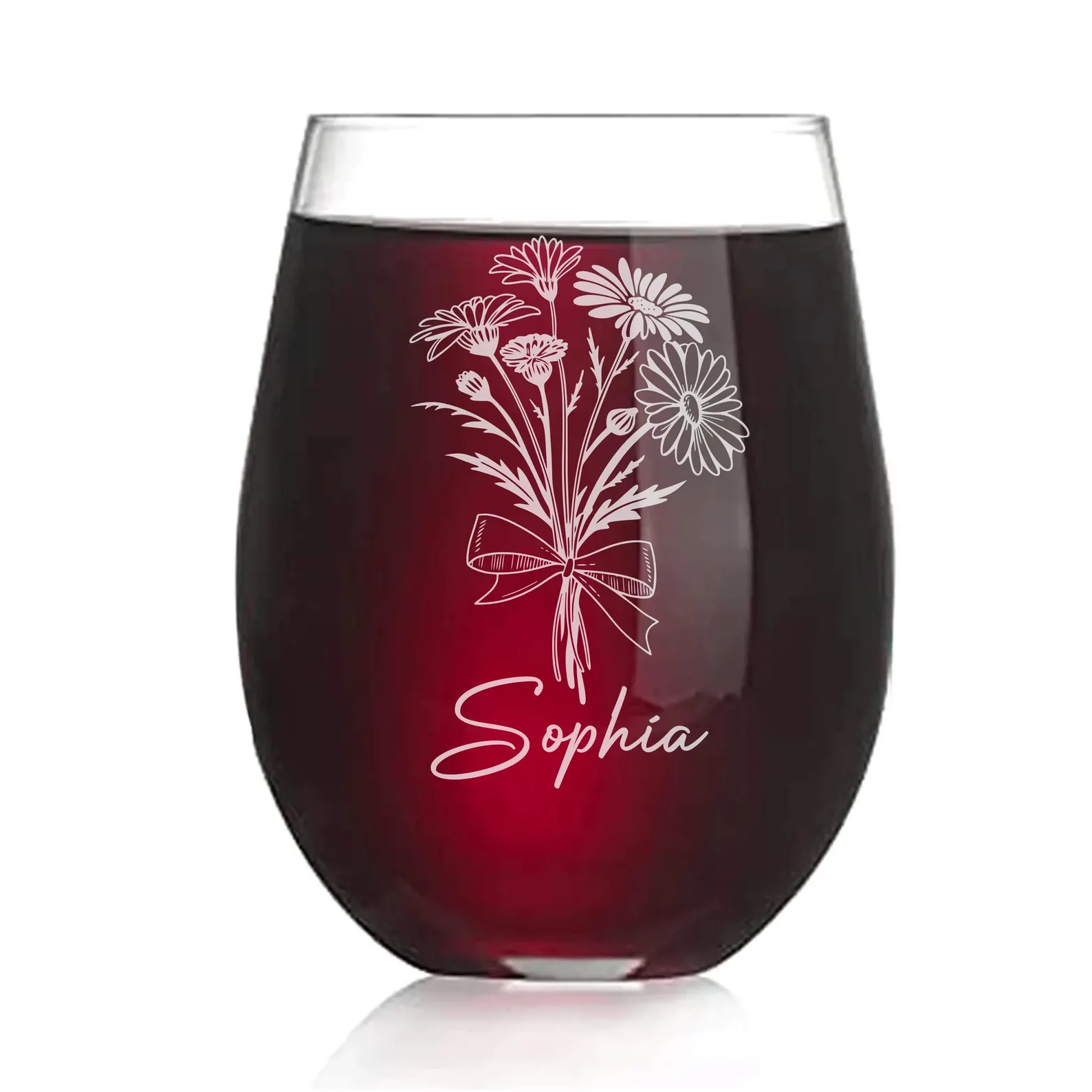 Personalized Engraved Gerbera Daisy Stemless Wine Glass–Elegant Floral Etched Gift for Her, Mom, Wife, Birthday, Mother’s Day, Custom Design