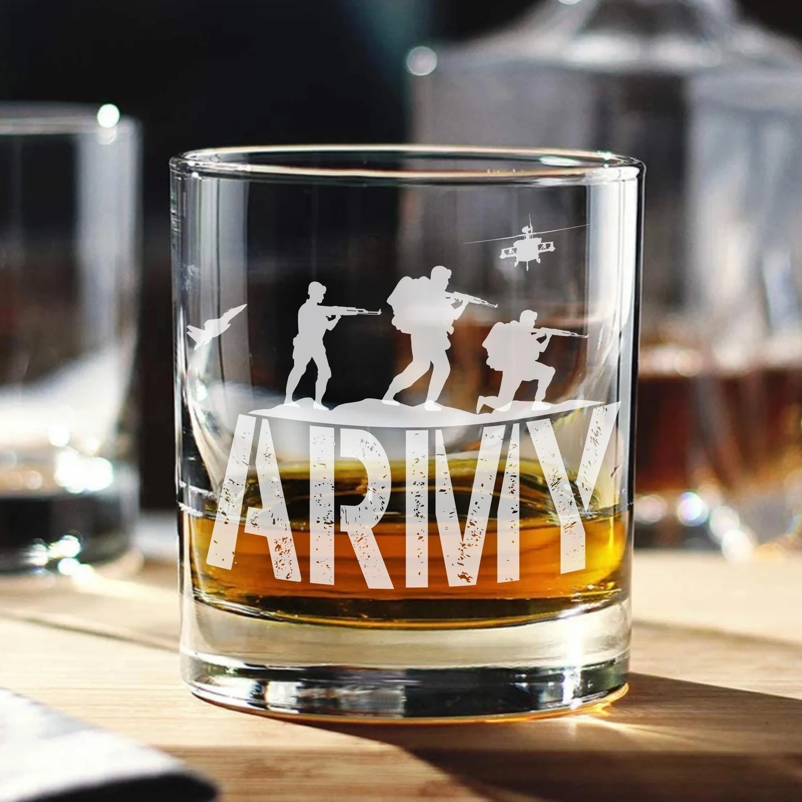Army Gift Engraved Whiskey Glass Personalized Army Rocks Glass Custom Veteran Salute Gift for Dad Fathers Day Gift Army Military Retirement