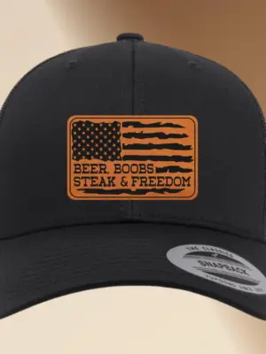 Beer Boobs Steak & Freedom Hat – Leather Patch Baseball Cap – Engraved American Flag Patriotic Hat – Funny Gift for Him, Dad, or Husband
