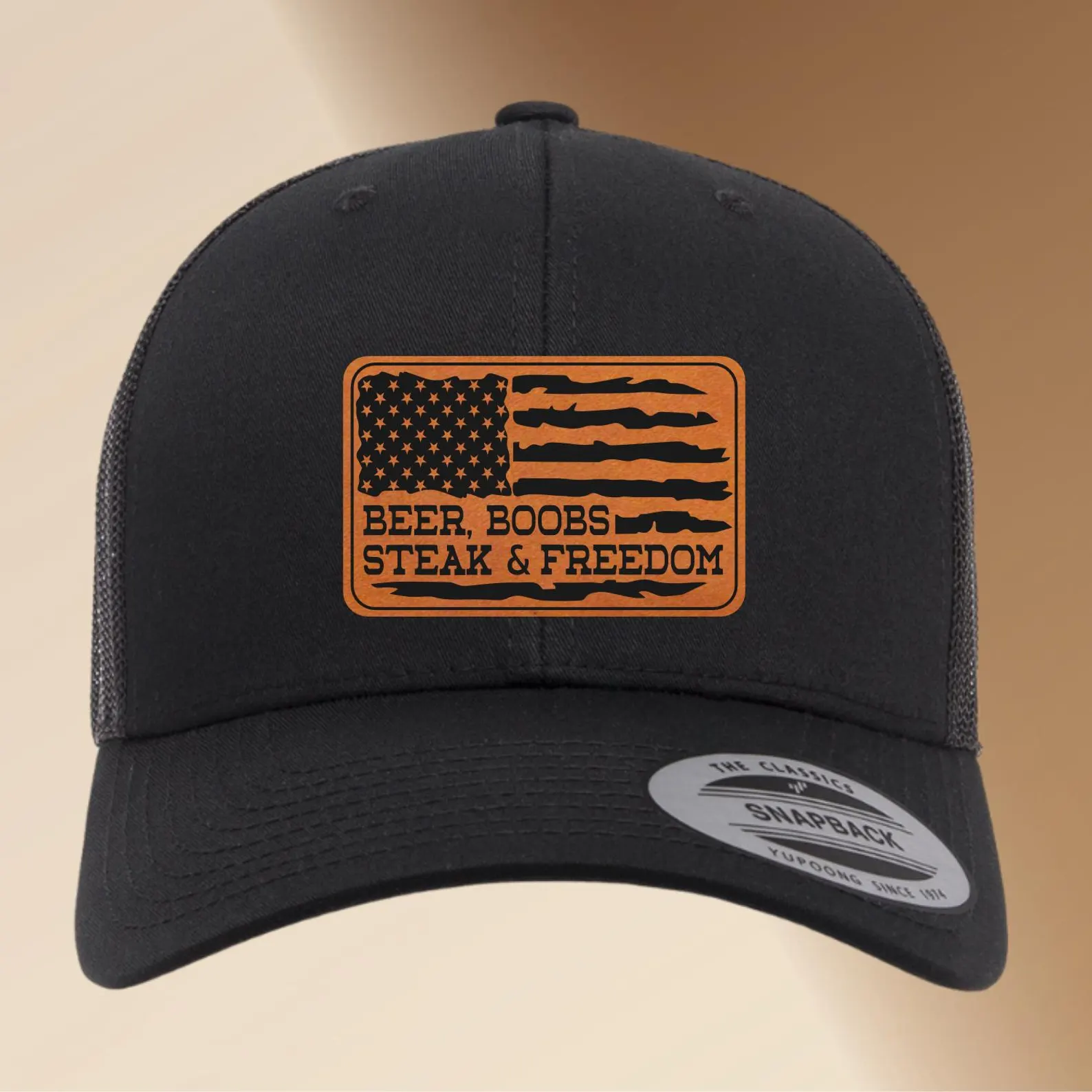 Beer Boobs Steak & Freedom Hat – Leather Patch Baseball Cap – Engraved American Flag Patriotic Hat – Funny Gift for Him, Dad, or Husband
