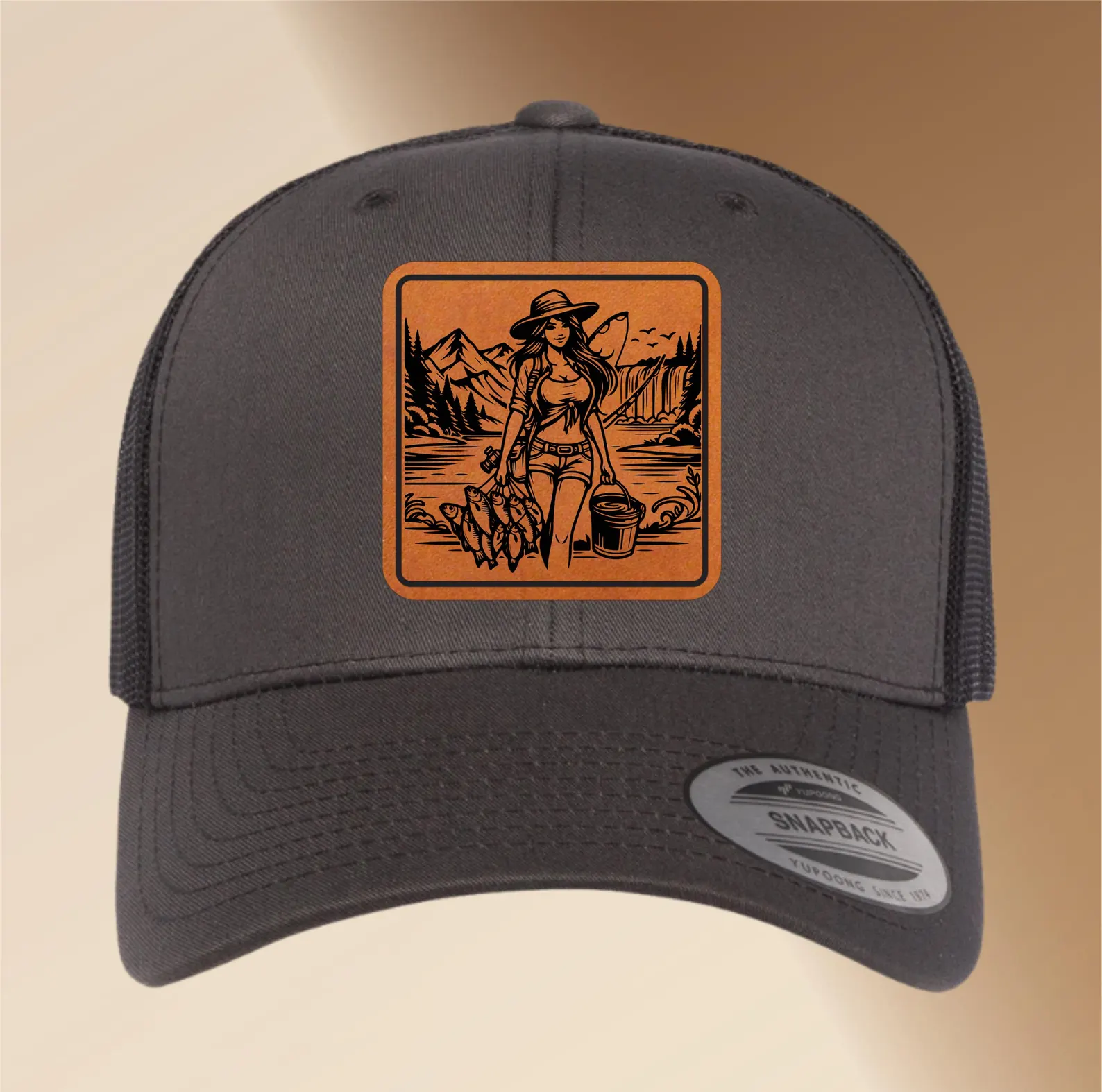 Personalized Engraved Leather Patch Girl Fishing Hat | Custom Adjustable Trucker Hat Gift | Men’s Snapback Cap, Fishing Accessory Fisher Hat