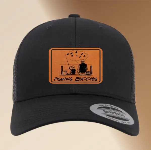 Engraved Leather Patch Dad Fishing Hat | Custom Adjustable Trucker Hat Gift, Personalized Men's Snapback Cap, Fishing Accessory | Fisher Hat
