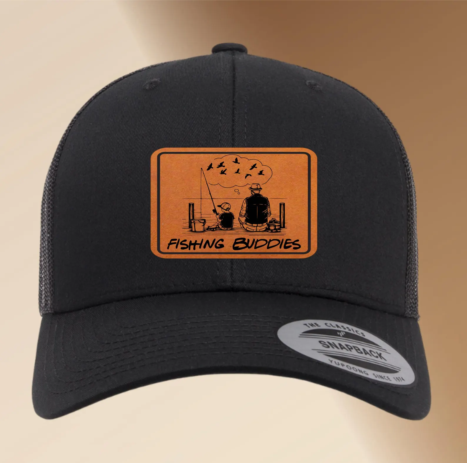Engraved Leather Patch Dad Fishing Hat | Custom Adjustable Trucker Hat Gift, Personalized Men’s Snapback Cap, Fishing Accessory | Fisher Hat