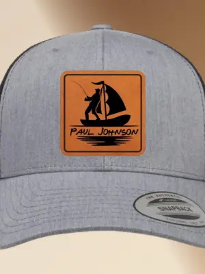 Fishing Hat Engraved Leather Patch, Custom Adjustable Trucker Hat Gift, Personalized Men's Snapback Cap, Unique Fishing Accessory, Fisher Hat