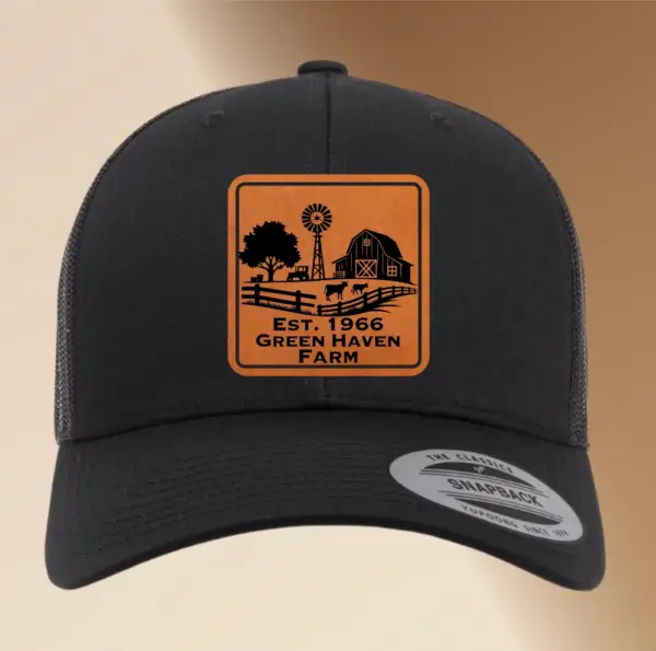 Personalized Engraved Farmers Hat Leather Patch | Custom Adjustable Trucker Hat Gift | Men's Snapback Cap | Farming Accessory | Cowboy Hat