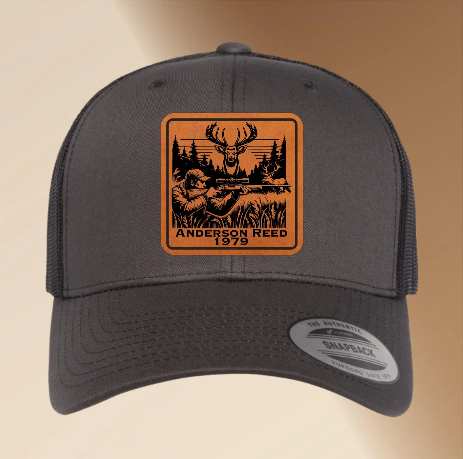 Leather Patch Personalized Hunting Hat | Engraved Adjustable Trucker Hat | Great Gift for Deer Hunters | Custom Men’s Cap Father’s Day Gift