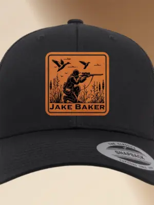 Personalized Leather Patch Hunting & Fishing Hat- Engraved Trucker Hat, Custom Men’s Snapback Cap, Adjustable Gift for Fishermen and Hunters
