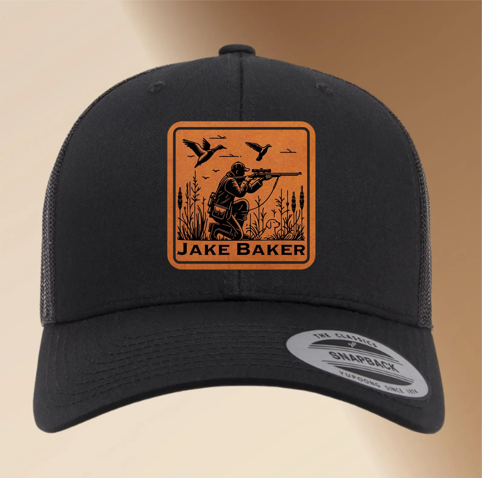 Personalized Leather Patch Hunting & Fishing Hat- Engraved Trucker Hat, Custom Men’s Snapback Cap, Adjustable Gift for Fishermen and Hunters