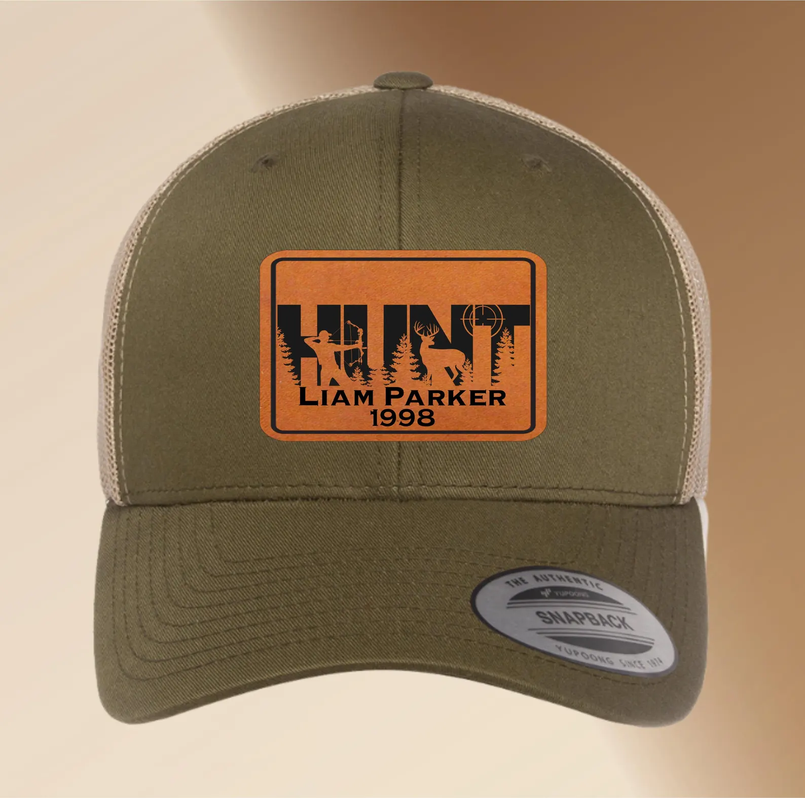 Personalized Leather Patch Hunting Hat | Engraved Adjustable Trucker Hat | Deer Hunters Gift | Custom Men’s Snapback Cap Father’s Day Gift