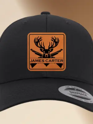 Personalized Leather Patch Hunting Hat | Engraved Adjustable Trucker Hat | Deer Hunters Gift | Custom Men's Snapback Cap Father's Day Gift