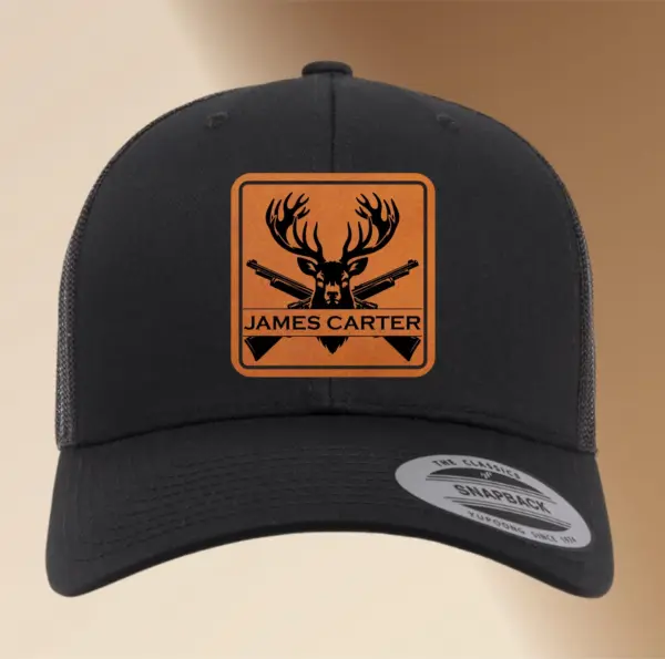 Personalized Leather Patch Hunting Hat | Engraved Adjustable Trucker Hat | Deer Hunters Gift | Custom Men's Snapback Cap Father's Day Gift