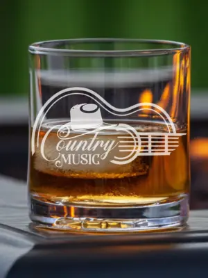 Personalized Country Music Glass with Guitar & Cowboy Hat Design Custom Engraved Whiskey, Wine or Beer Glass Perfect Gift for Country Lovers