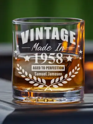 Personalized Vintage Made in [Year] Aged to Perfection Whiskey Glass – Custom Engraved Birthday Gift for Him, Her, Dad, Husband, or Friend