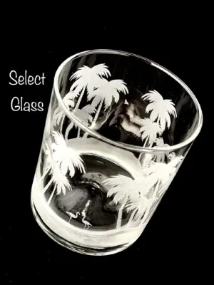 Beach Custom Gift Palm Trees and Flamingos Engraved on Whiskey Rocks Glass or Dimpled Double Old Fashioned Glass Etched All Around Glass