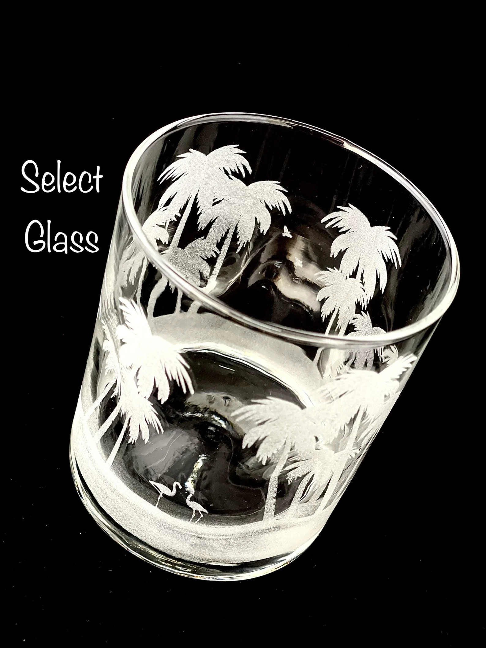 Beach Custom Gift Palm Trees and Flamingos Engraved on Whiskey Rocks Glass or Dimpled Double Old Fashioned Glass Etched All Around Glass