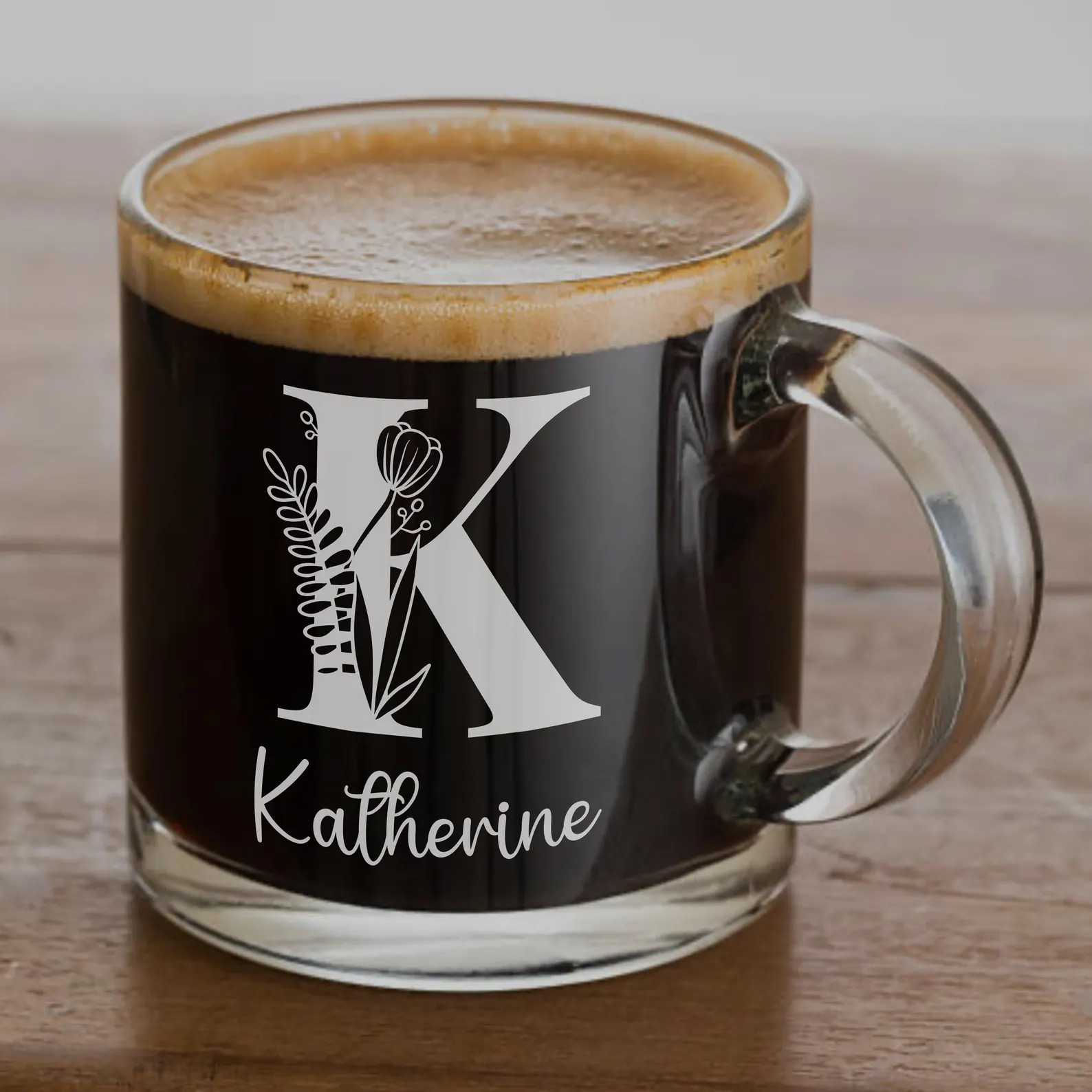 Personalized Floral Initial Coffee Glass With Custom Name | Unique Gift for Bridesmaids, Moms & Holidays Gift. Perfect Valentines Day Gift