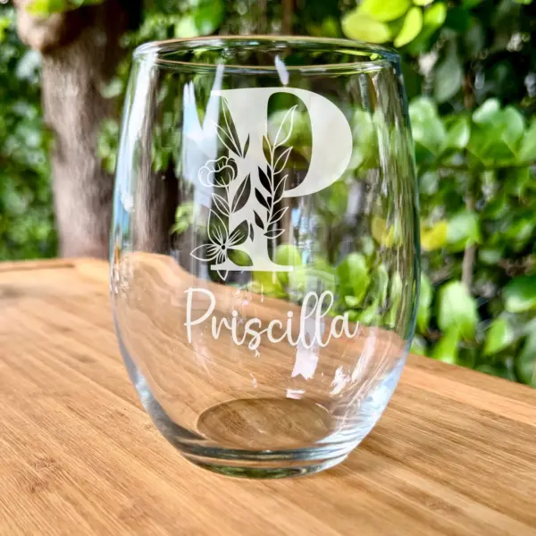 Personalized Floral Initial Glass With Custom Name on Wine, Whiskey or Beer Pint Glass| Unique Gift for Bridesmaids, Moms & Holidays Gift