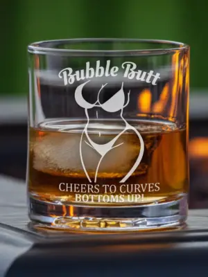 Bubble Butt Cheers to Curves - Personalized Engraved Whiskey, Wine, or Beer Glass- Funny Gift for Her, Him, Birthday, Anniversary, Christmas