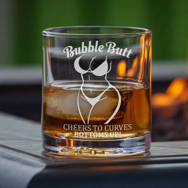 Bubble Butt Cheers to Curves - Personalized Engraved Whiskey, Wine, or Beer Glass- Funny Gift for Her, Him, Birthday, Anniversary, Christmas