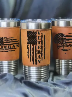 American Flag Proud Veteran Leather Tumbler 20oz Gift Engraved Military Personalized Army Tumbler Veteran Gift Custom Gift For Partner