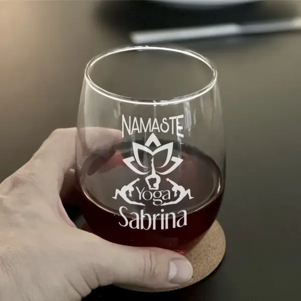 Namaste Yoga Custom Engraved Stemless Wine Glass Yoga Gift for Her, Meditation, Zen, Lotus, Personalized Yoga Life Wine Glass, Birthday Gift - Image 2