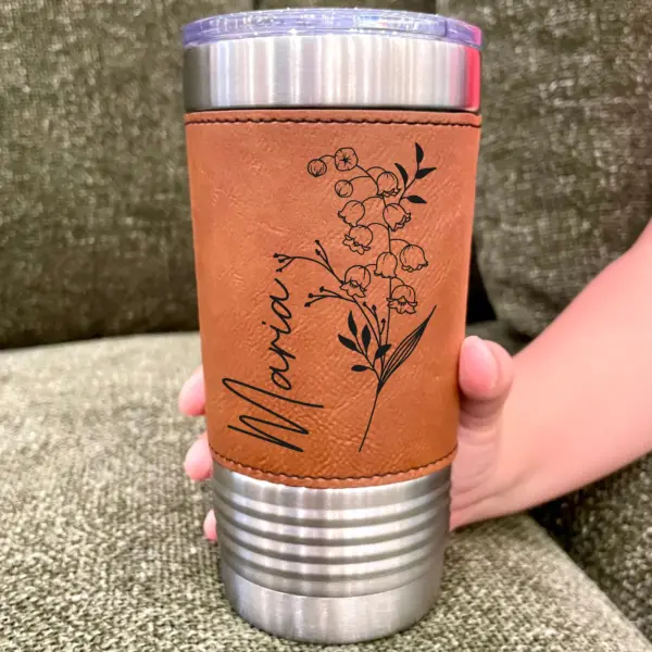 Personalized Engraved Birth Flower Leather Tumbler - Custom Mother’s Day, Bridesmaid Proposal Birthday or Valentine’s Day Gift 20 oz Tumbler - Image 2