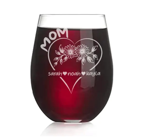 Personalized Mother’s Day Wine Glass - Custom Engraved Flower Design, Family Names in Heart, Stemless Wine Glass Gift for Mom, Gift for Her - Image 2
