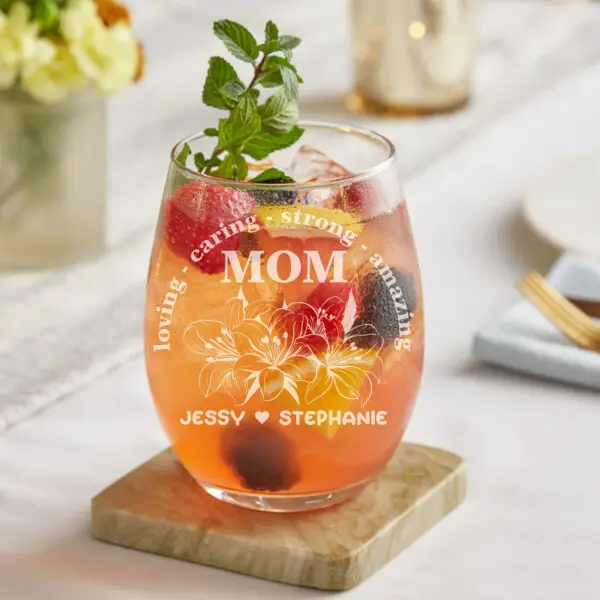 Mother's Day Gift Engraved Floral Wine Glass Valentines Custom Flower Glass for Her Stemless Wine Glass Flower Personalized Gift for Mom - Image 2