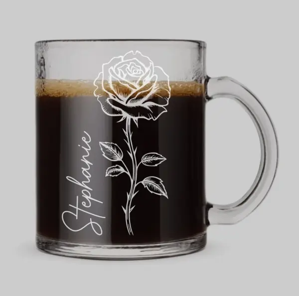 Personalized Rose Glass Coffee Mug – Engraved Gift for Her, Mother’s Day, Valentine’s Day, Flower Lover Cup, Teacher Appreciation Gift - Image 2