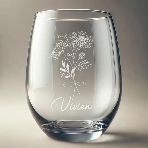 Personalized Engraved Chrysanthemum Stemless Wine Glass-Stylish Floral Etched Gift for Her, Mom, Wife, Birthday, Mother’s Day, Custom Design - Image 2