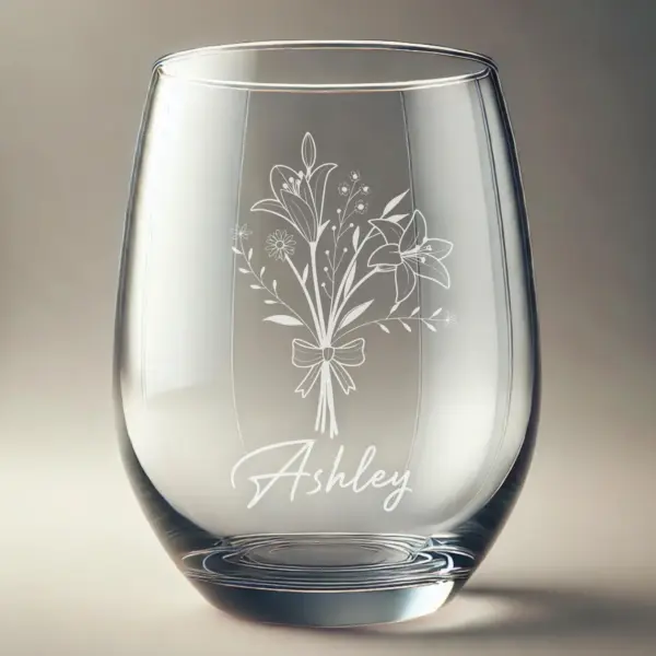 Personalized Engraved Lily Stemless Wine Glass Elegant Floral Etched Gift for Her Mom Wife Birthday, Mother's Day Custom Lily Bouquet Design - Image 2