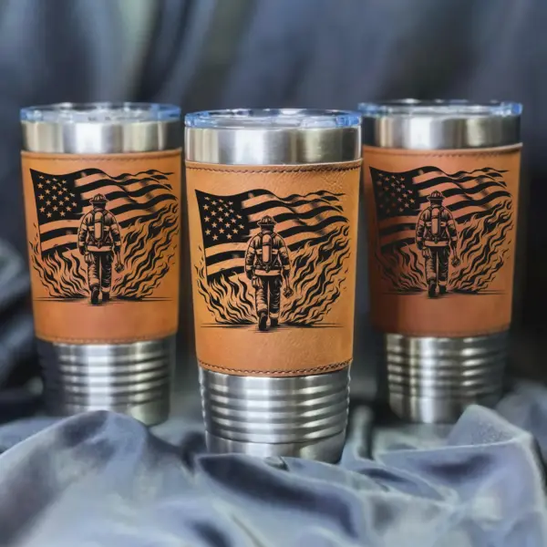 Personalized Engraved Brave Firefighter Design Leather 20oz Tumbler. Gift for Firefighter, Best Dad, Grandpa Fathers day - Image 2