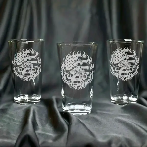 Engraved Personalized Firefighter with American Flag Design Glass Custom Whiskey, Wine, Beer Glass, Gift for Firefighter Dad, Father's Day - Image 2