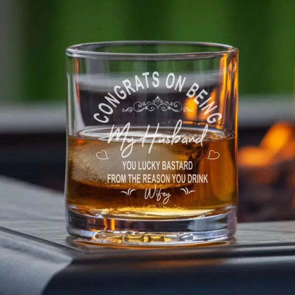 Personalized Engraved Whiskey Glass "Congrats on Being My Husband" Custom Side or Bottom Engraving | Perfect Gift for husband/boyfriend - Image 2