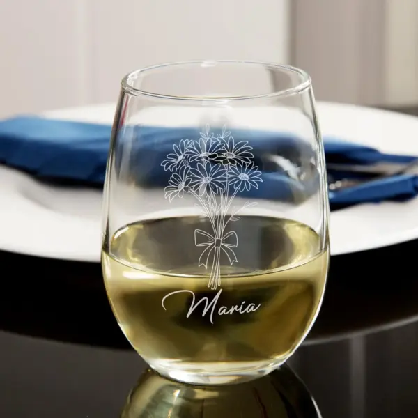 Personalized Engraved Gerbera Daisy Stemless Wine Glass–Elegant Floral Etched Gift for Her, Mom, Wife, Birthday, Mother’s Day, Custom Design - Image 2
