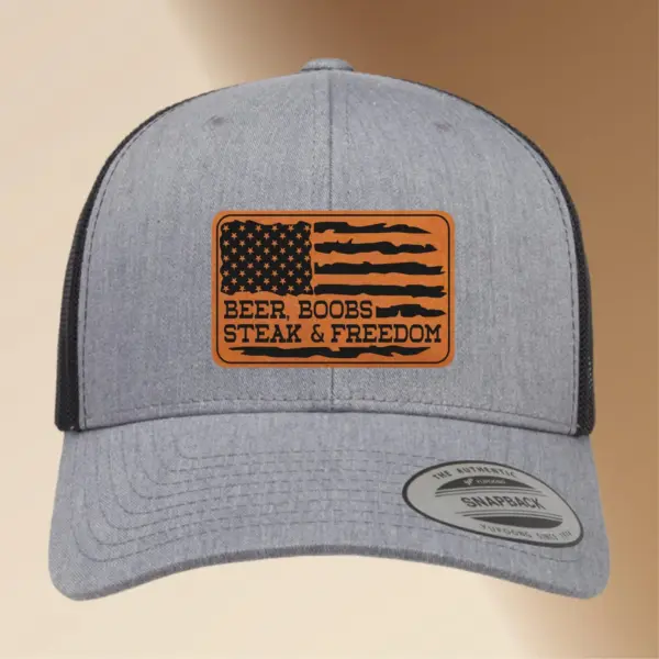 Beer Boobs Steak & Freedom Hat – Leather Patch Baseball Cap – Engraved American Flag Patriotic Hat – Funny Gift for Him, Dad, or Husband - Image 2