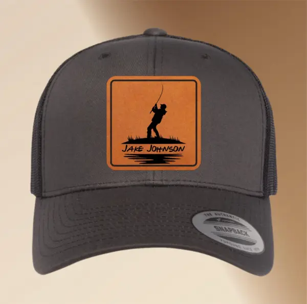 Fishing Hat Engraved Leather Patch, Custom Adjustable Trucker Hat Gift, Personalized Men's Snapback Cap, Unique Fishing Accessory, Fisher Hat - Image 2