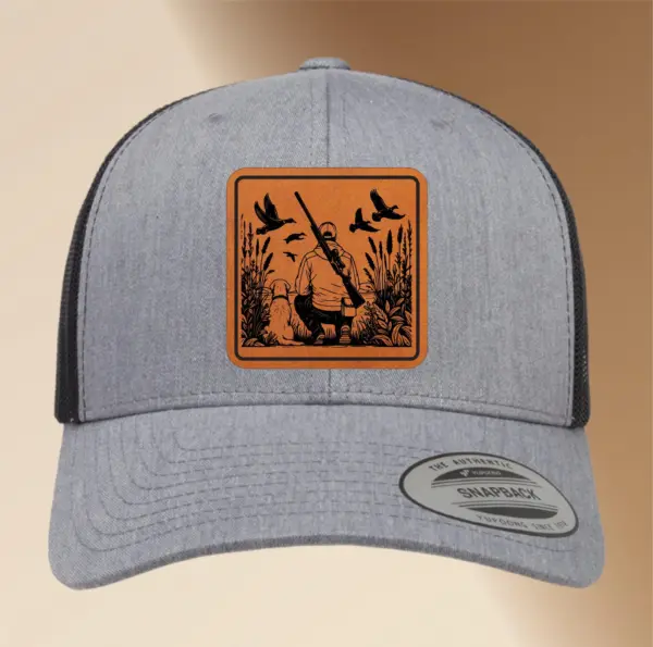 Personalized Leather Patch Hunting & Fishing Hat- Engraved Trucker Hat, Custom Men’s Snapback Cap, Adjustable Gift for Fishermen and Hunters - Image 2