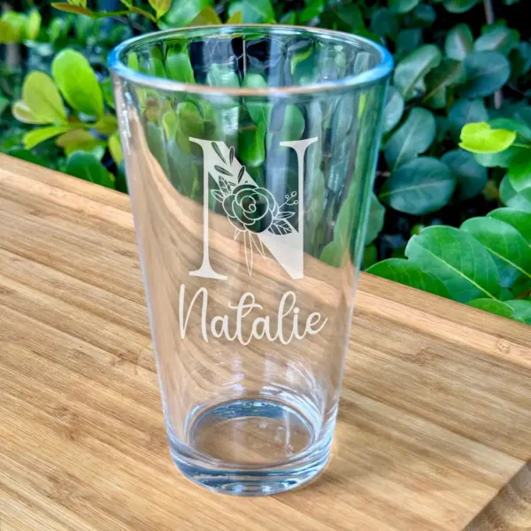 Personalized Floral Initial Glass With Custom Name on Wine, Whiskey or Beer Pint Glass| Unique Gift for Bridesmaids, Moms & Holidays Gift - Image 2