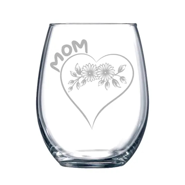 Personalized Mother’s Day Wine Glass - Custom Engraved Flower Design, Family Names in Heart, Stemless Wine Glass Gift for Mom, Gift for Her - Image 3