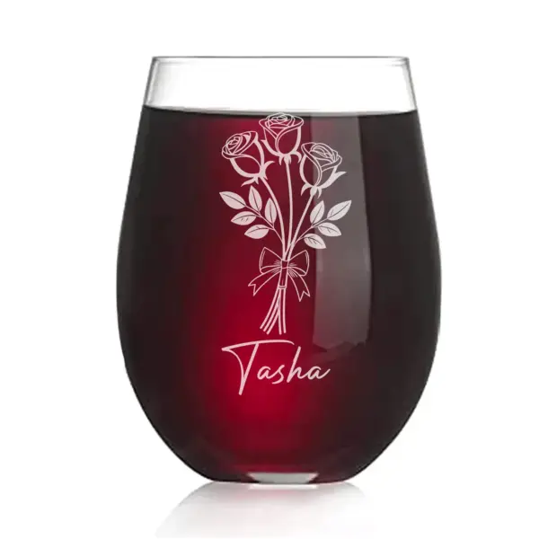 Personalized Engraved Stemless Wine Glass – Elegant Bouquet of Roses Design, Custom Floral Etched Gift for Her, Mom, Wife, Mother's Day Gift - Image 3