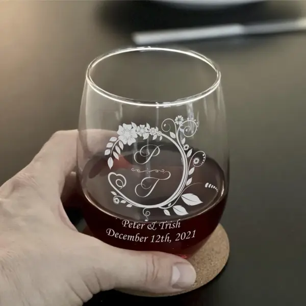 Personalized Floral Initials Engraved Stemless Wine Glass – Custom Wedding Gift, Mother’s Day, Bridesmaid, Anniversary Keepsake, Engagement - Image 3