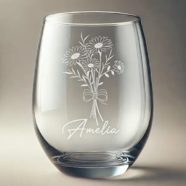 Personalized Engraved Gerbera Daisy Stemless Wine Glass–Elegant Floral Etched Gift for Her, Mom, Wife, Birthday, Mother’s Day, Custom Design - Image 3