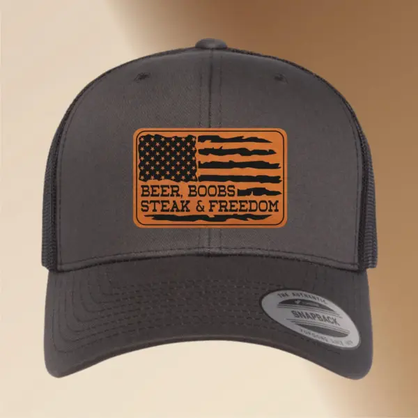 Beer Boobs Steak & Freedom Hat – Leather Patch Baseball Cap – Engraved American Flag Patriotic Hat – Funny Gift for Him, Dad, or Husband - Image 3
