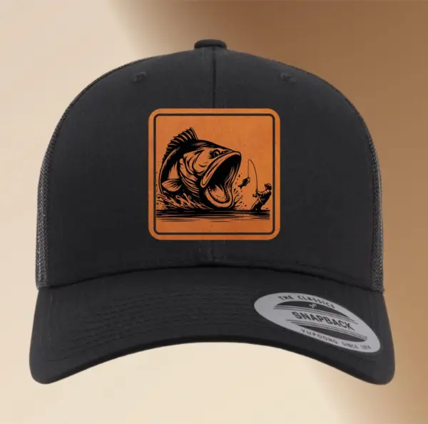 Personalized Fishing Hat Engraved Leather Patch | Custom Adjustable Trucker Hat Gift, Men's Snapback Cap Unique Fishing Accessory Fisher Hat - Image 3